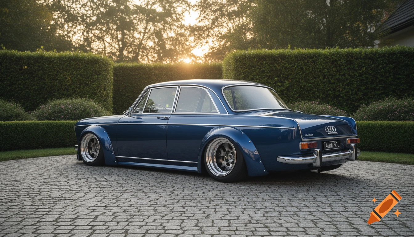 A photorealistic image of a blue classic Audi 60L widebody with a lowered suspension, parked on a cobblestones driveway at sunset.