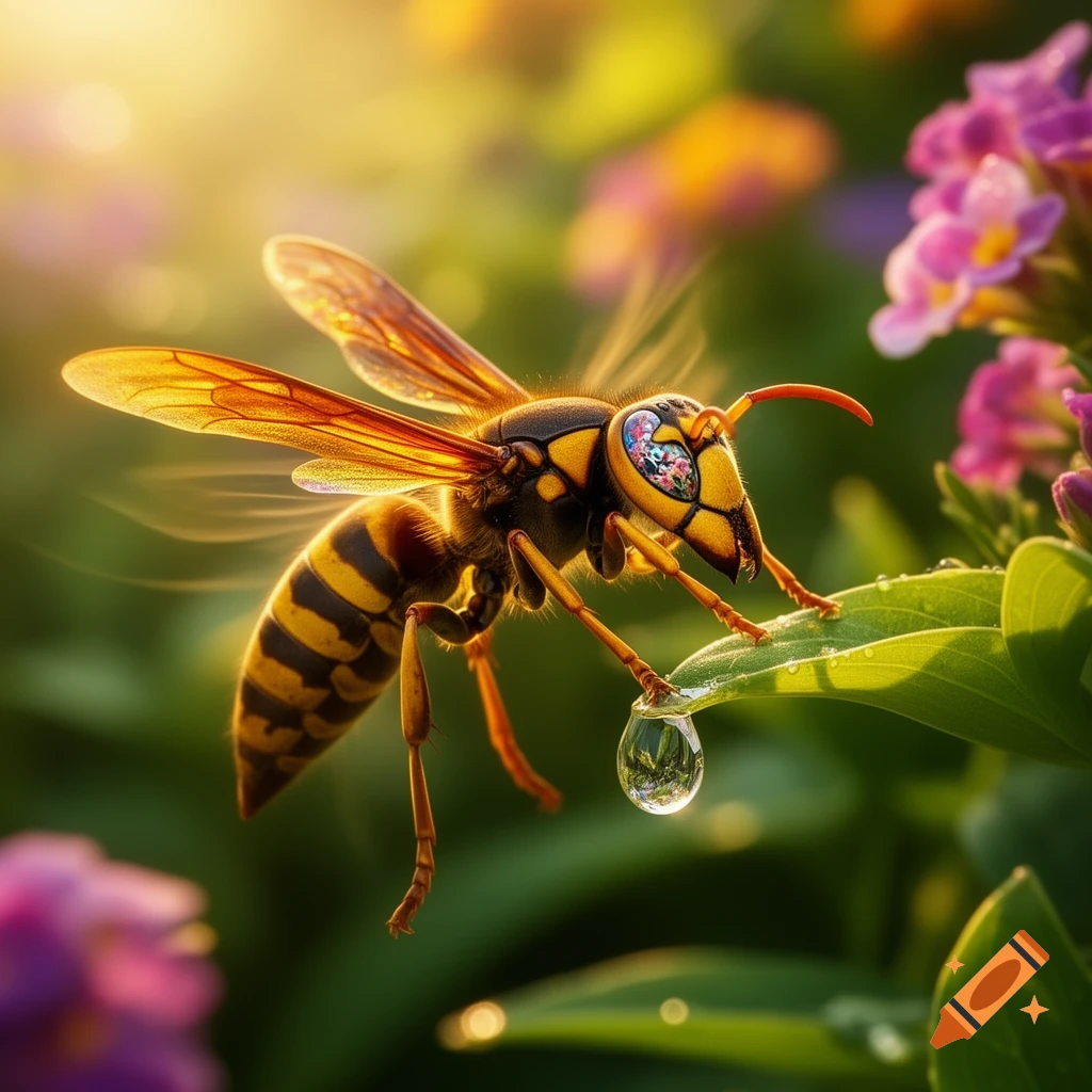 A close-up, photorealistic image of a yellow and black wasp with intricate, colorful eyes, perched on a green leaf with a water droplet dangling from it, bathed in golden light.