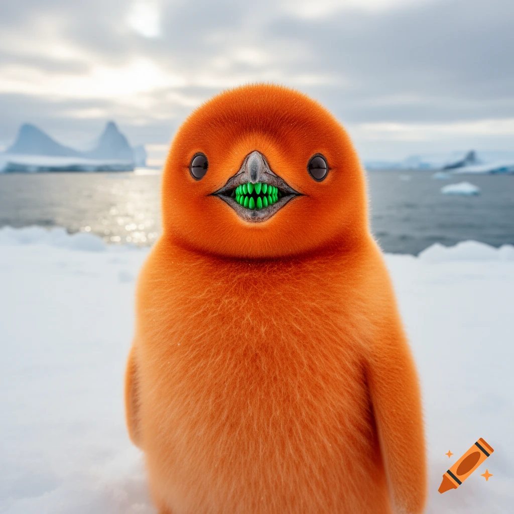 An orange, fluffy baby penguin with bright green teeth stands in a snowy arctic landscape with icebergs in the background.
