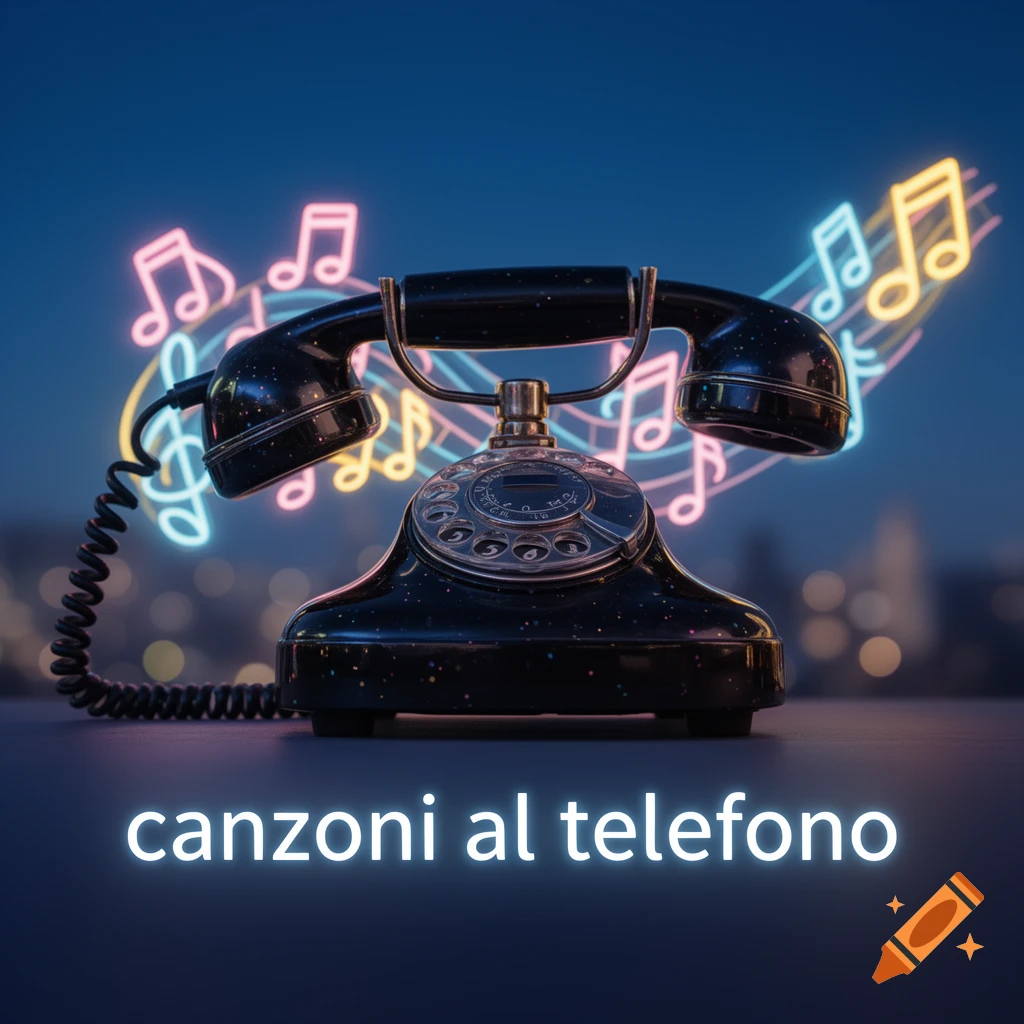 A vintage black rotary phone with neon music notes glowing around it against a dark blue background. The text "canzoni al telefono" is below.