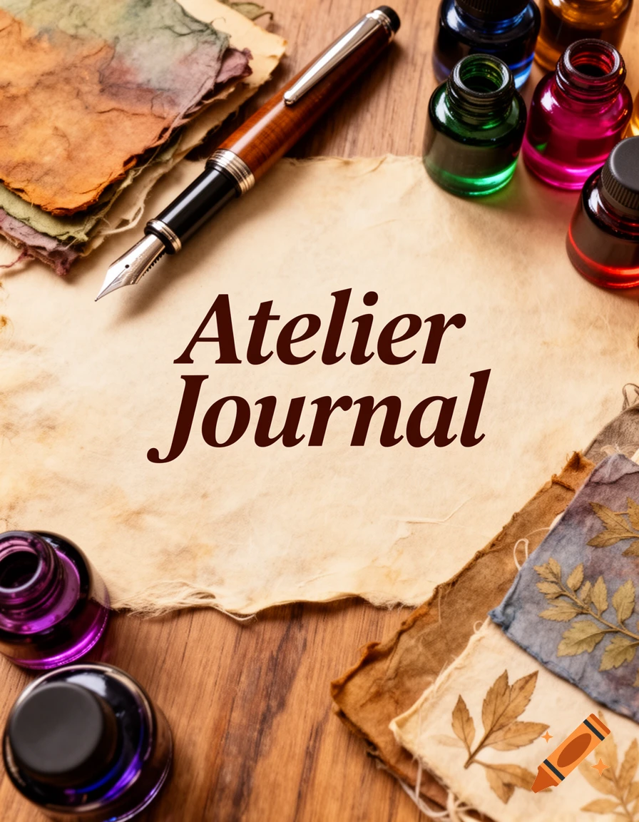 A vintage-style flat lay with a fountain pen, ink bottles, and handmade paper around a central old parchment with 'Atelier Journal' written on it.