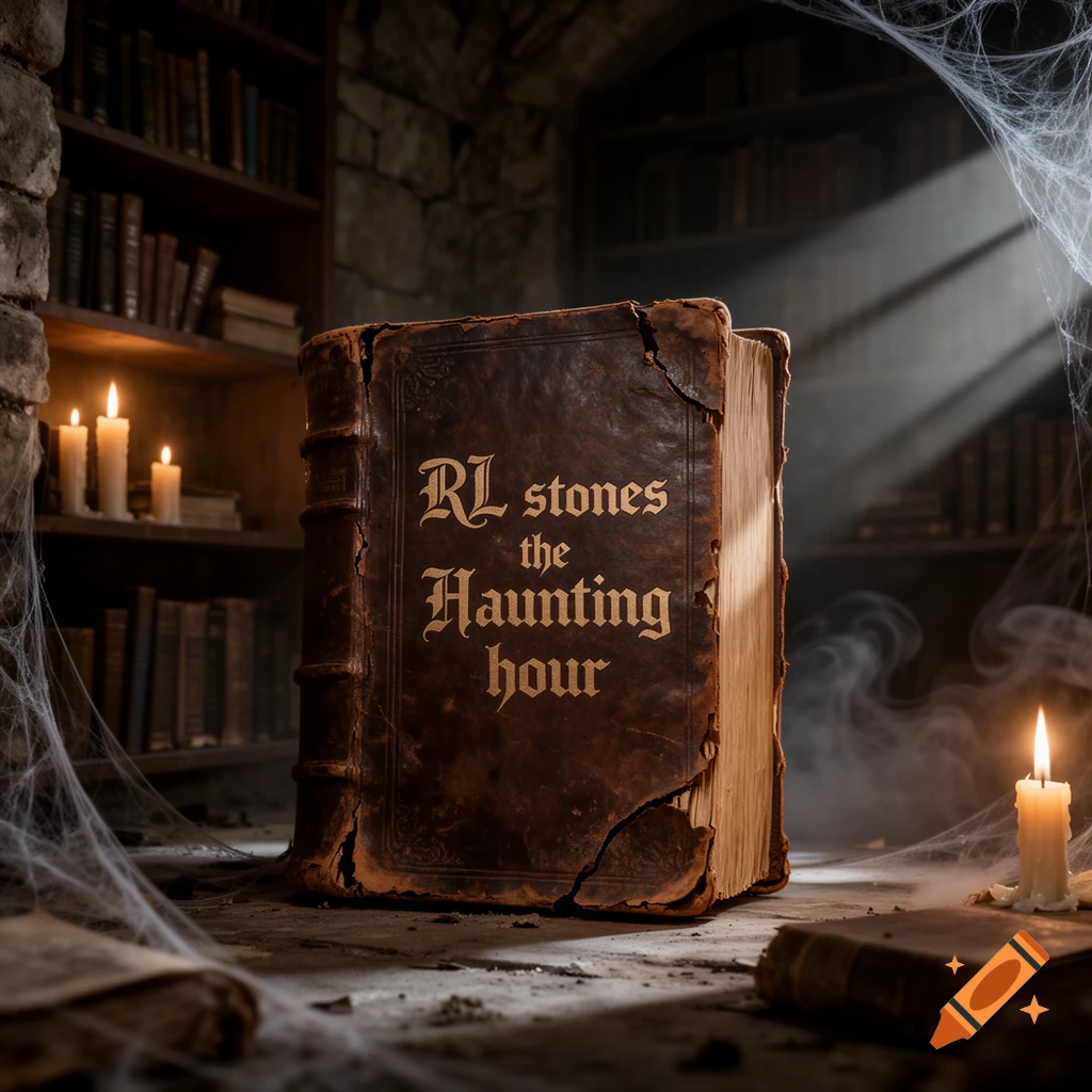 An ancient, thick book titled 'RL stones the Haunting hour' sits on a dusty floor in a dimly lit library, surrounded by candles and spiderwebs.