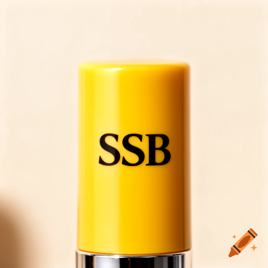 Close-up of a bright yellow lip balm tube with 'SSB' printed in black, against a light background.