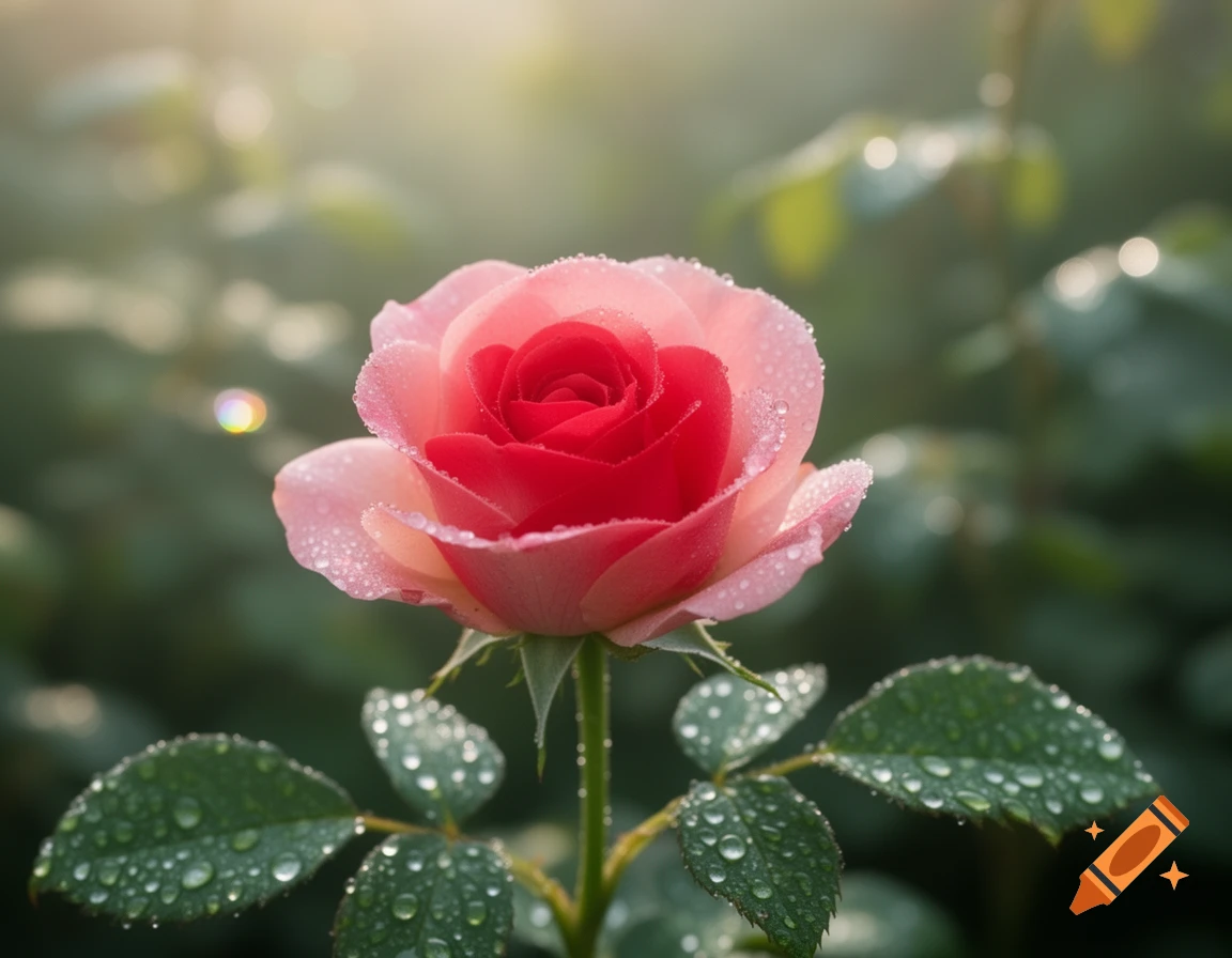 Close-up of a pink and red rose covered in water droplets with green leaves and a soft, sunny background.