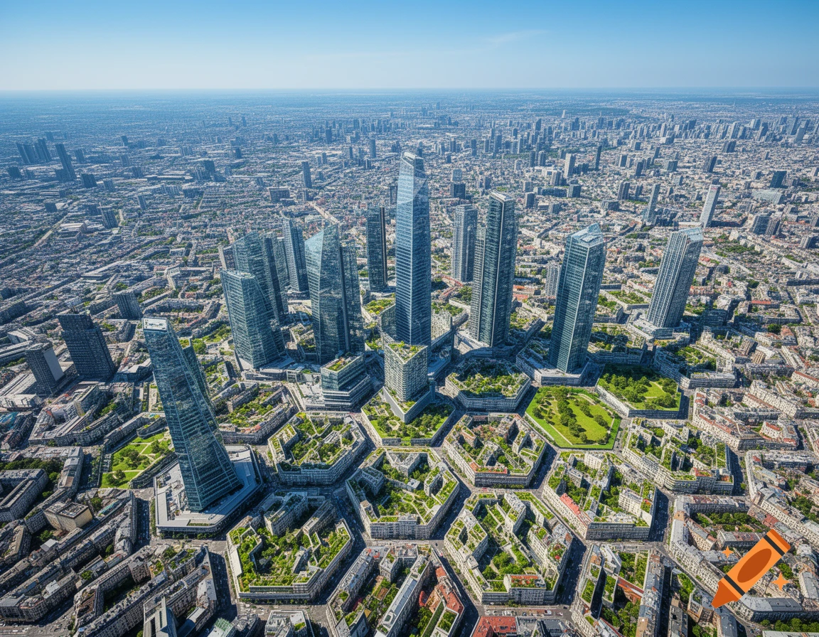 An aerial view of a futuristic city with tall skyscrapers and residential areas organized in hexagonal blocks, surrounded by vast urban sprawl.