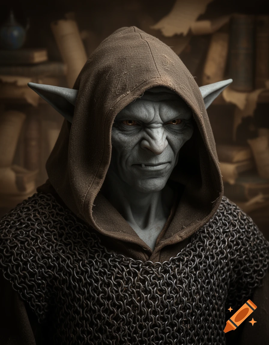 A grey-skinned goblin oracle with pointed ears, wearing a brown hooded cloak and chainmail, looks sternly forward.