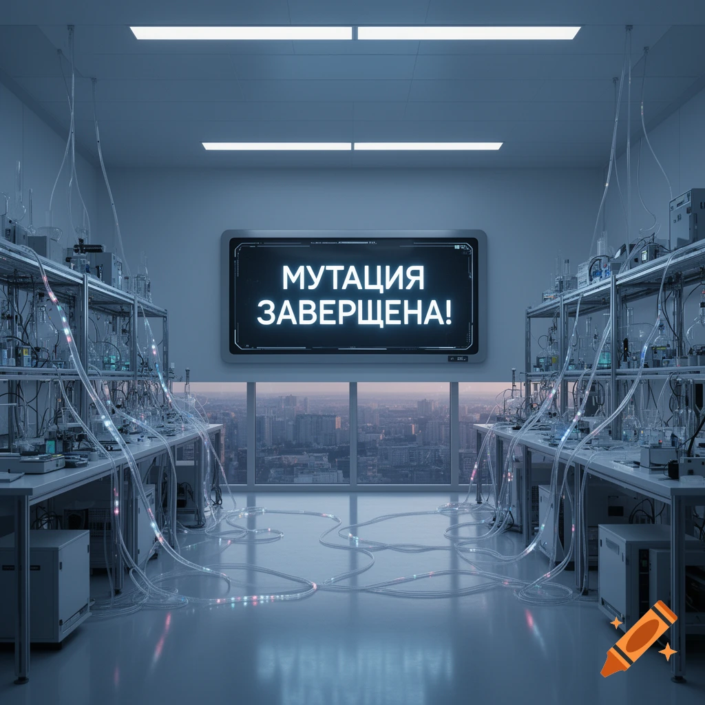 A futuristic, sterile laboratory with glowing cables and scientific equipment. A large screen displays "MUTATION COMPLETED!" in Russian, overlooking a city skyline.