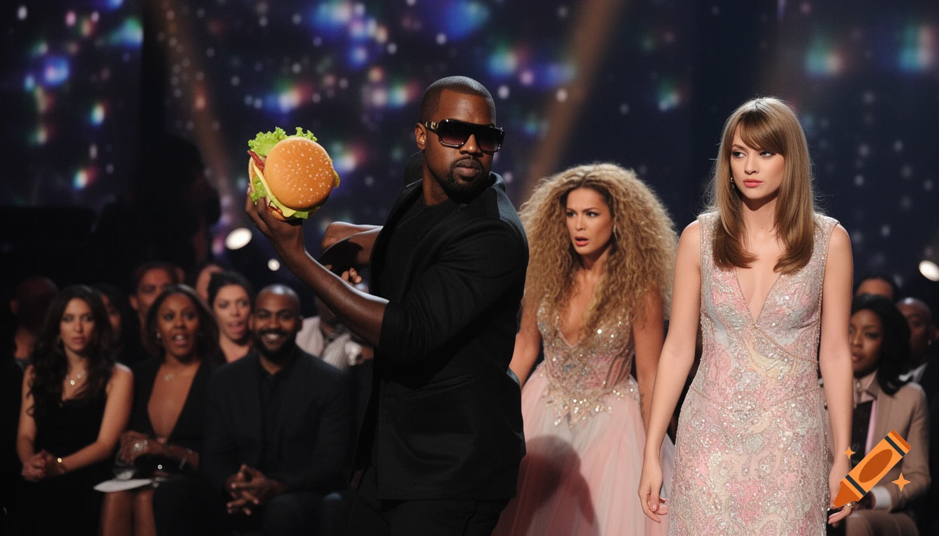 Kanye West in sunglasses holding a burger on stage with a shocked Beyoncé and a solemn Taylor Swift, surrounded by an audience.