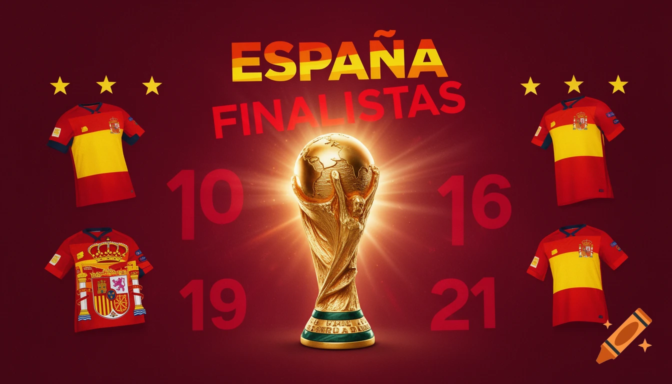 A graphic with a golden World Cup trophy glowing in the center against a dark red background, with the text 'ESPAÑA FINALISTAS' at the top. Surrounding the trophy are four Spanish national football team jerseys and the numbers 10, 16, 19, 21.
