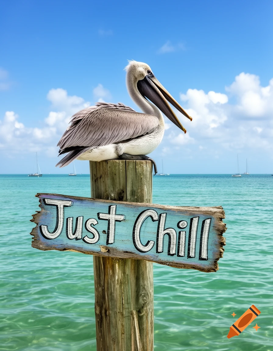 A pelican perches on a wooden post above a weathered 'Just Chill' sign in turquoise ocean waters under a clear blue sky.
