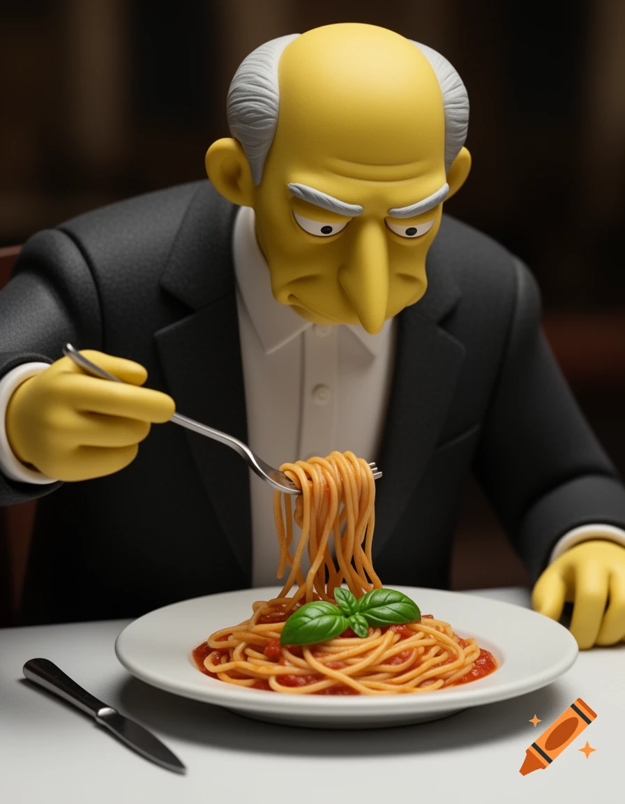 Mr. Burns from The Simpsons eating a plate of spaghetti with a fork.