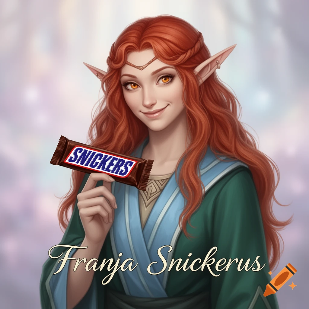 A smiling, red-haired half-elf cleric with pointed ears and amber eyes holds a Snickers bar. Below her, the name "Franja Snickerus" is written in a cursive font.