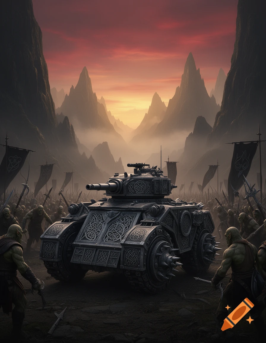 An ornate, Celtic-patterned fantasy tank leads an army of orcs in a misty mountain pass under a dramatic red sunset sky, photorealistic.