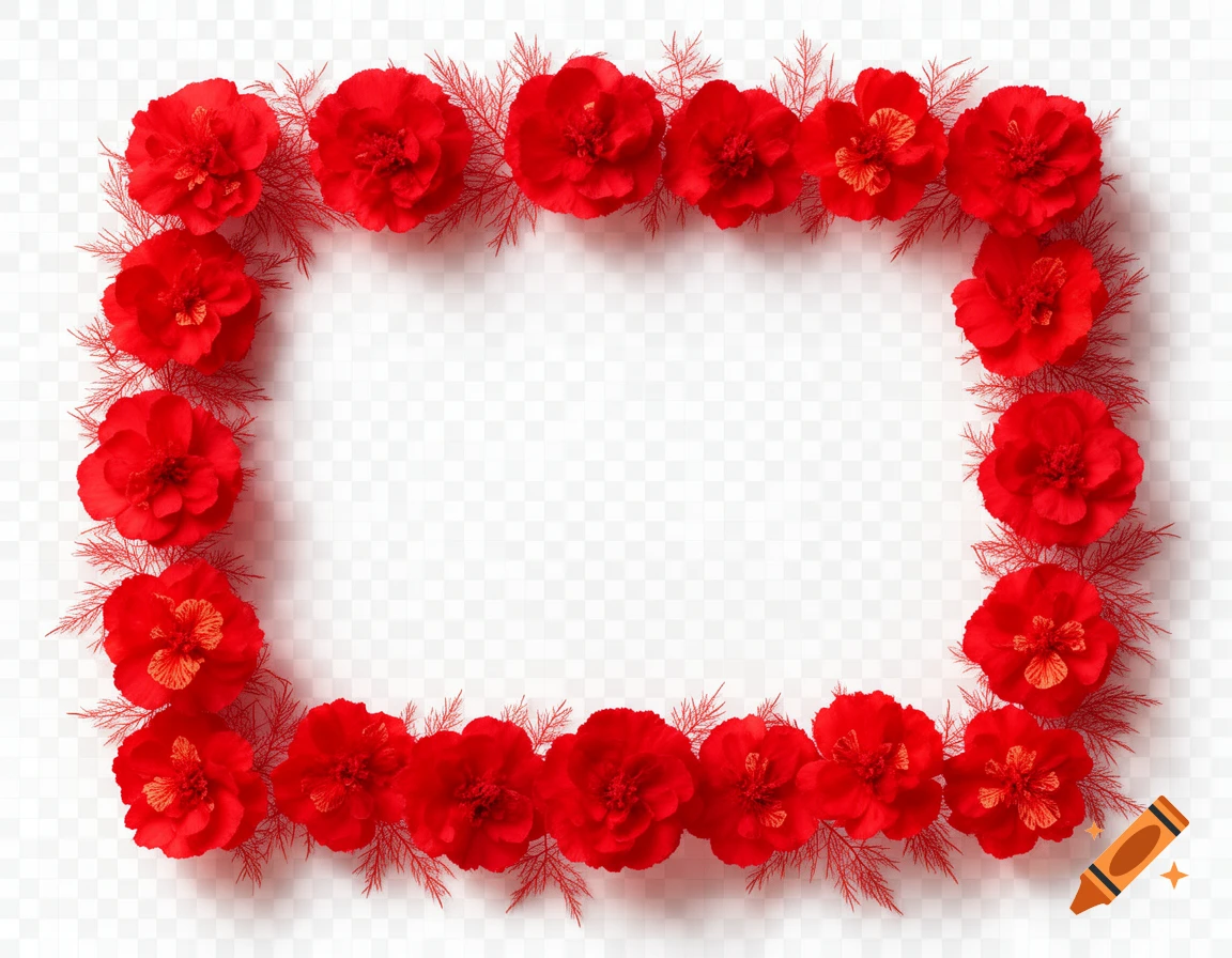 A rectangular frame composed of vibrant red flowers and delicate red foliage on a transparent background.