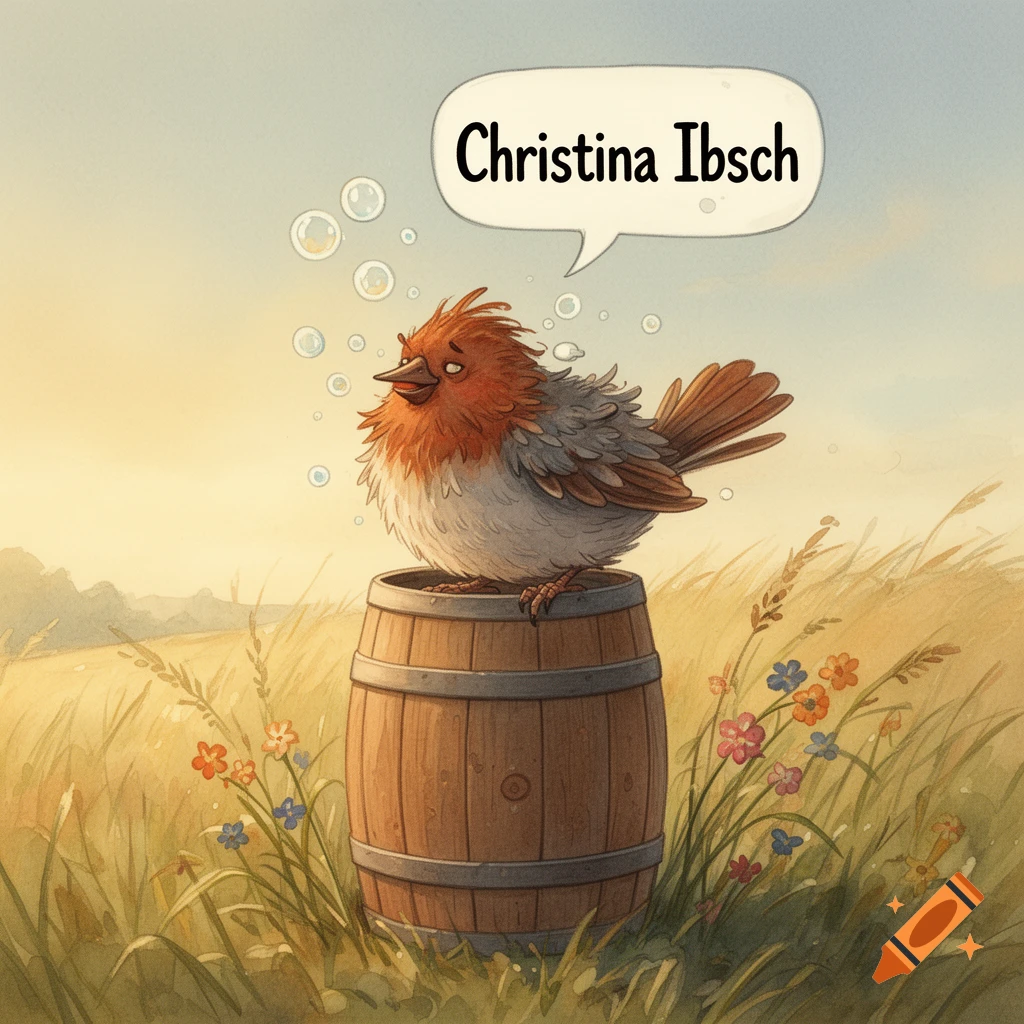 A fluffy red and white cartoon bird sits atop a wooden barrel in a grassy field with flowers, with a speech bubble saying Christina Ibsch.