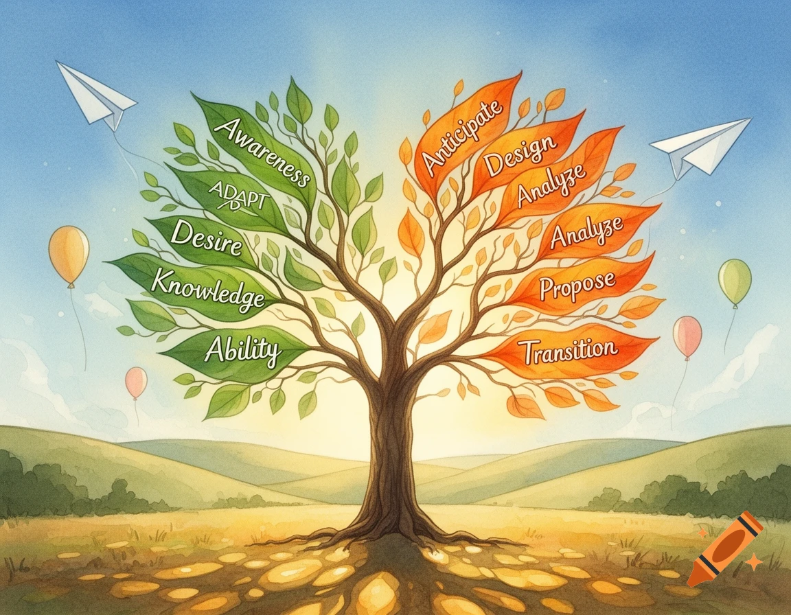 An illustrated tree with green and orange leaves in a field. Green leaves display 'Awareness', 'ADAPT', 'Desire', 'Knowledge', 'Ability'. Orange leaves show 'Anticipate', 'Design', 'Analyze', 'Analyze', 'Propose', 'Transition'. Balloons and paper airplanes float in the blue sky.