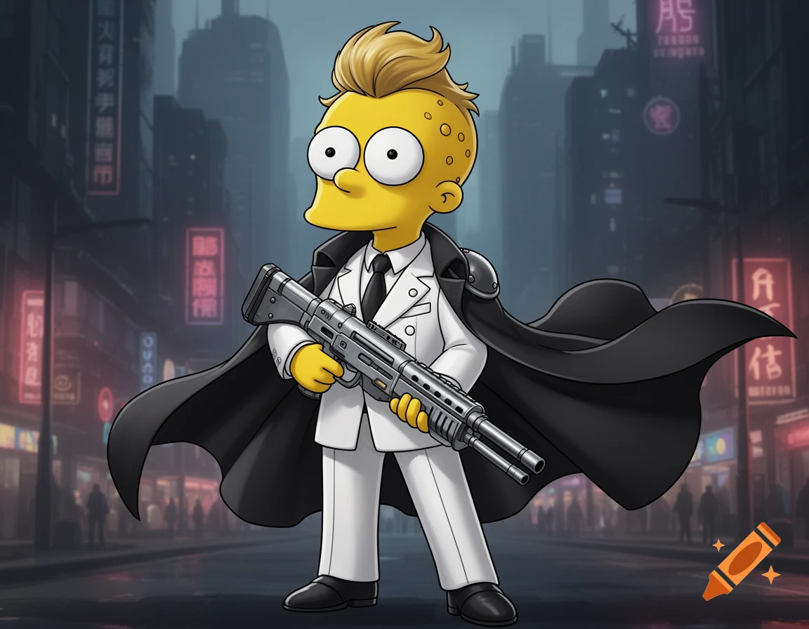 A cartoon character resembling Ralph Wiggum, with spiky blonde hair and a white suit, holds a futuristic rifle in a cyberpunk city.