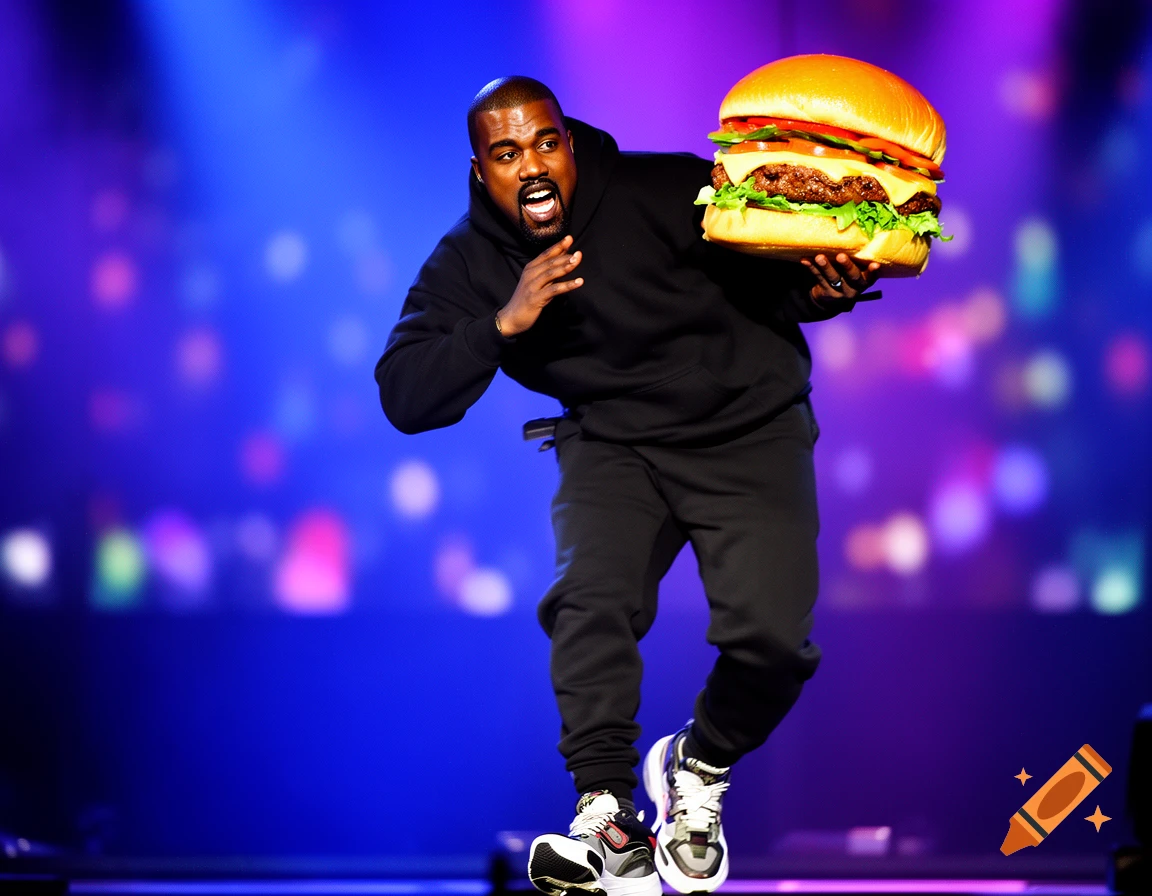 Kanye West dances on a stage, holding a comically large burger in one hand, against a blurry blue and purple background.