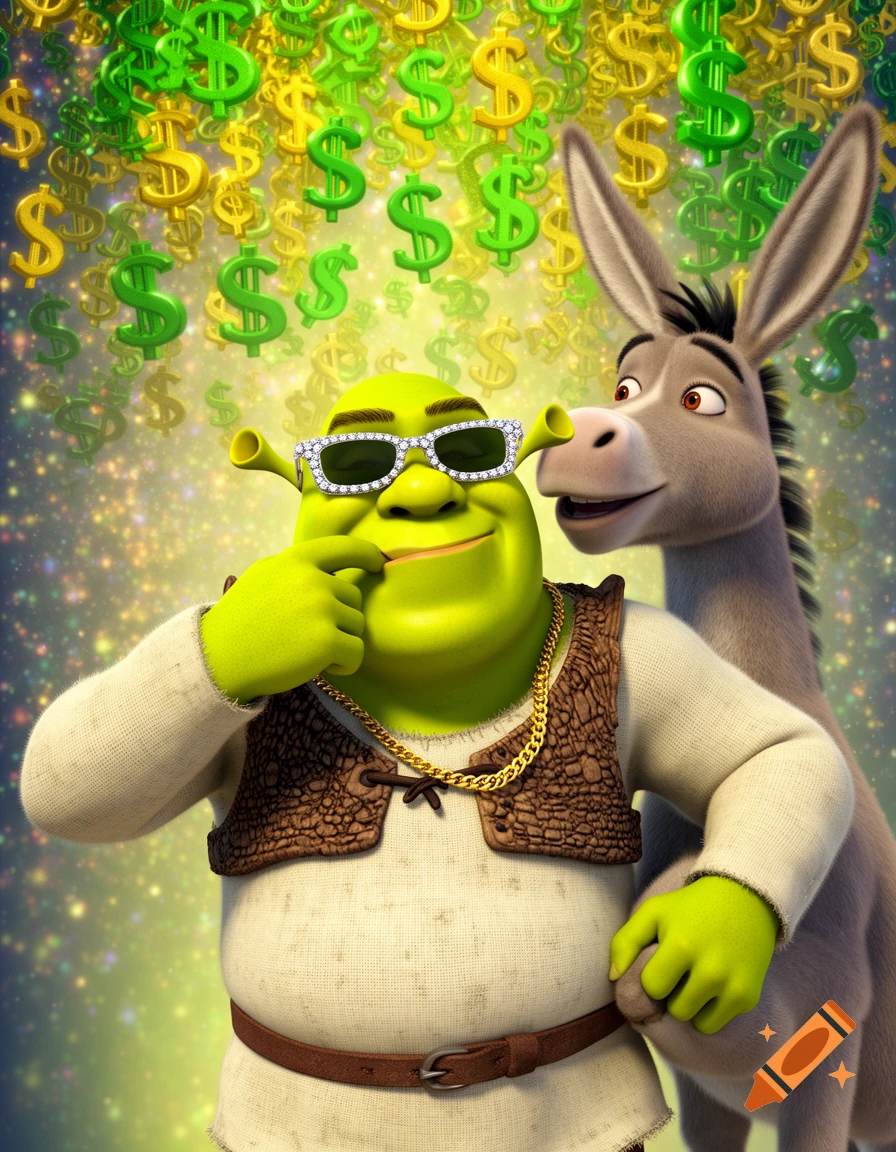 Shrek in diamond sunglasses and a gold chain picks his nose, with Donkey behind him, under falling dollar signs in an animated style.