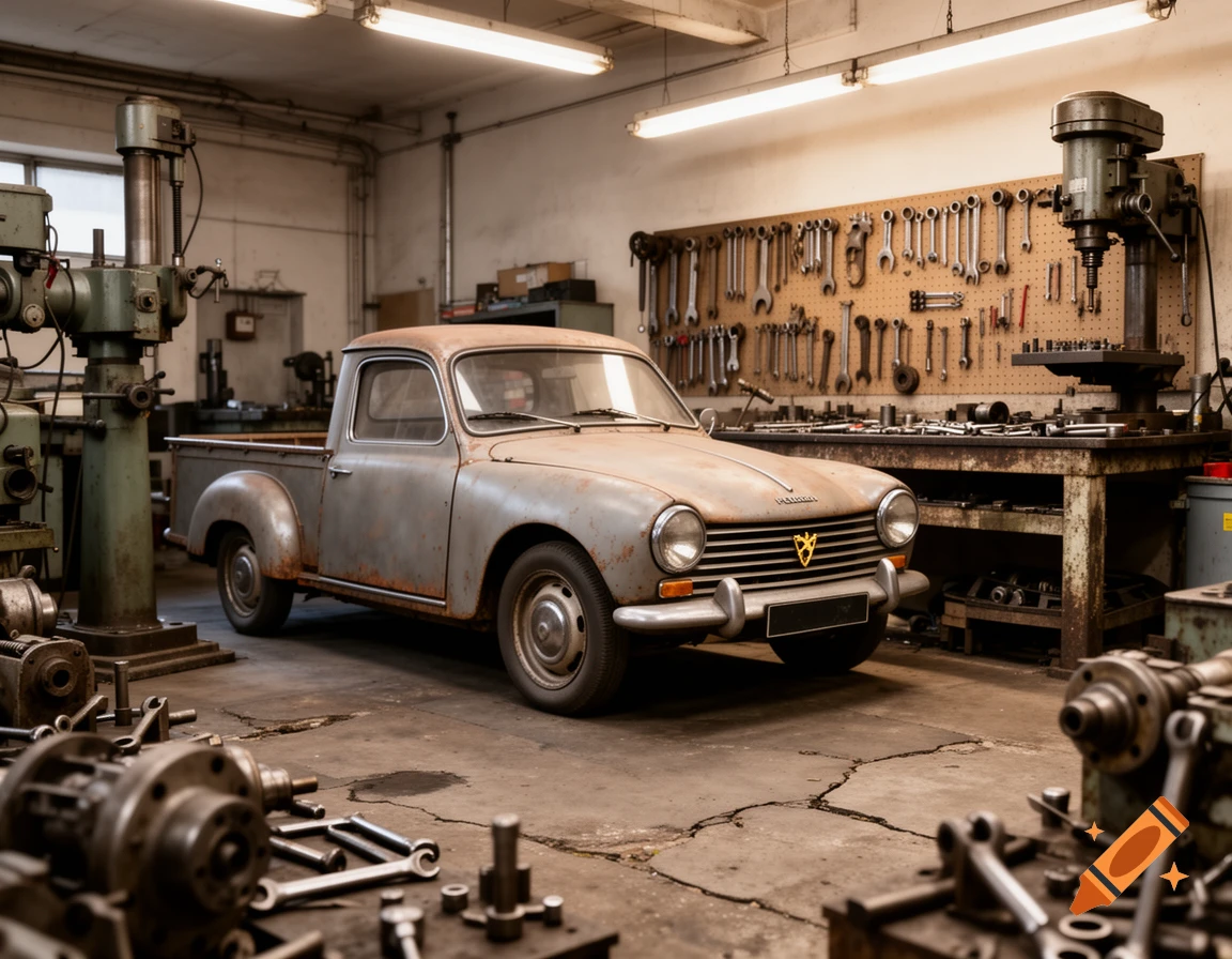 A rusty, old grey pickup truck sits in the center of a cluttered workshop filled with machine tools, wrenches, and other equipment. Photorealistic style.