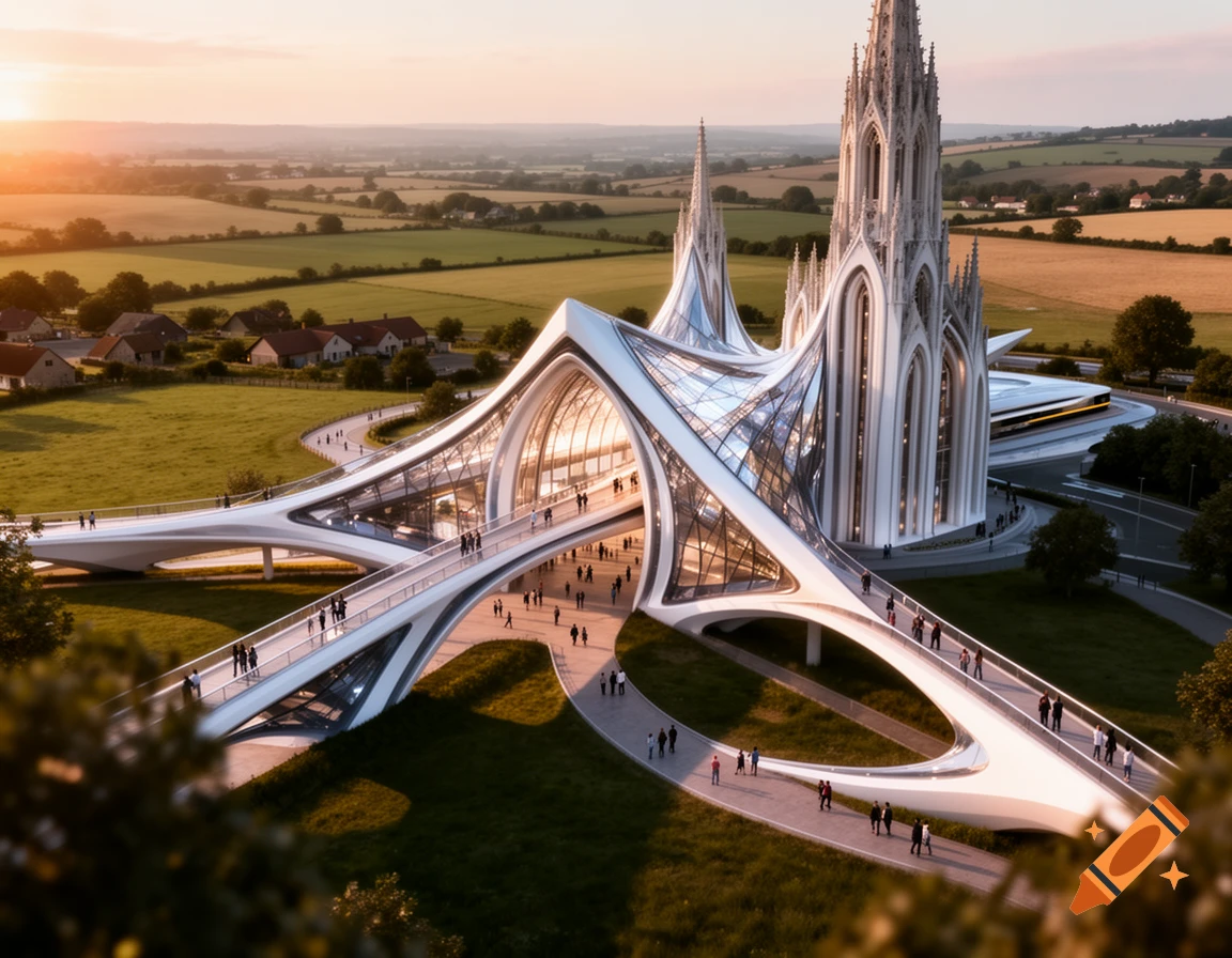 An aerial view of a futuristic, white building with gothic spires, resembling a complex transport hub, set in a green rural landscape at sunset.