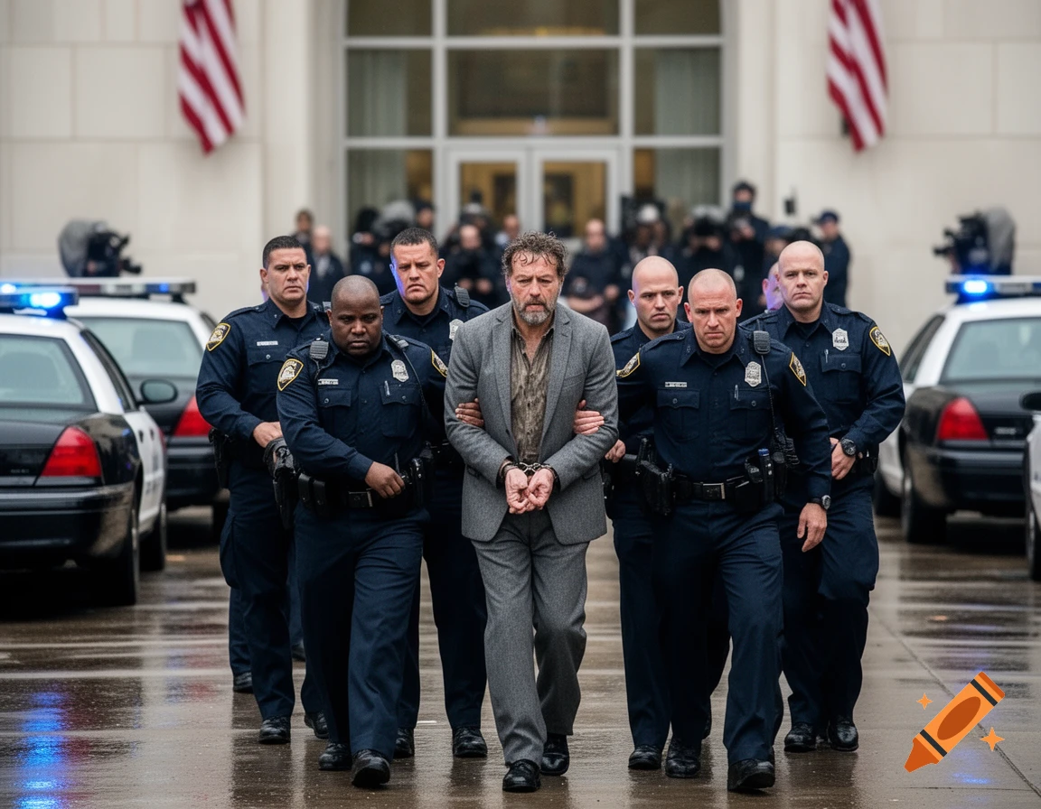 A handcuffed man in a grey suit is escorted by multiple police officers with patrol cars in the background, on a wet street outside a building with American flags.