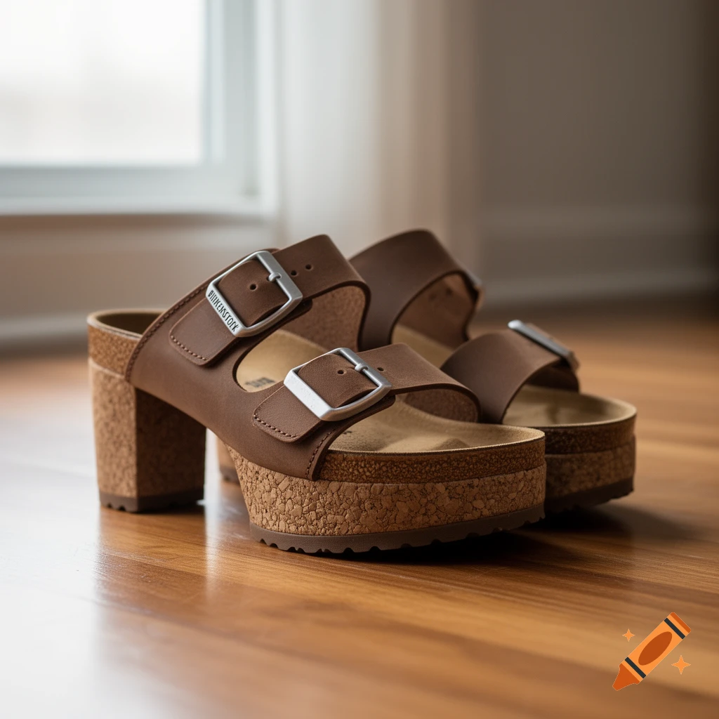 A pair of brown high heel Birkenstock sandals with cork platforms and silver buckles on a wooden floor.