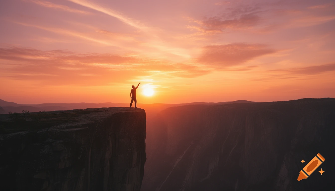 Silhouette of a person standing on a cliff, reaching up to a vibrant orange and pink sunset over mountains.
