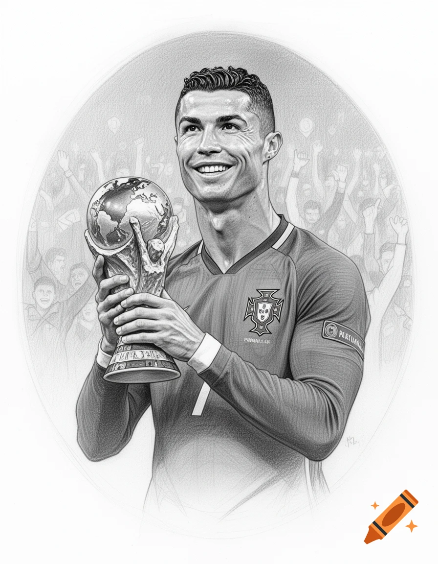 A black and white sketch of Cristiano Ronaldo smiling while holding the World Cup trophy. A blurry crowd of cheering fans is in the background.