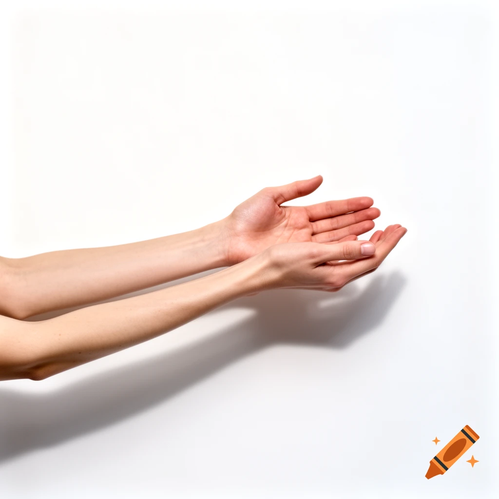 Two fair-skinned arms with open hands reaching out against a white background.