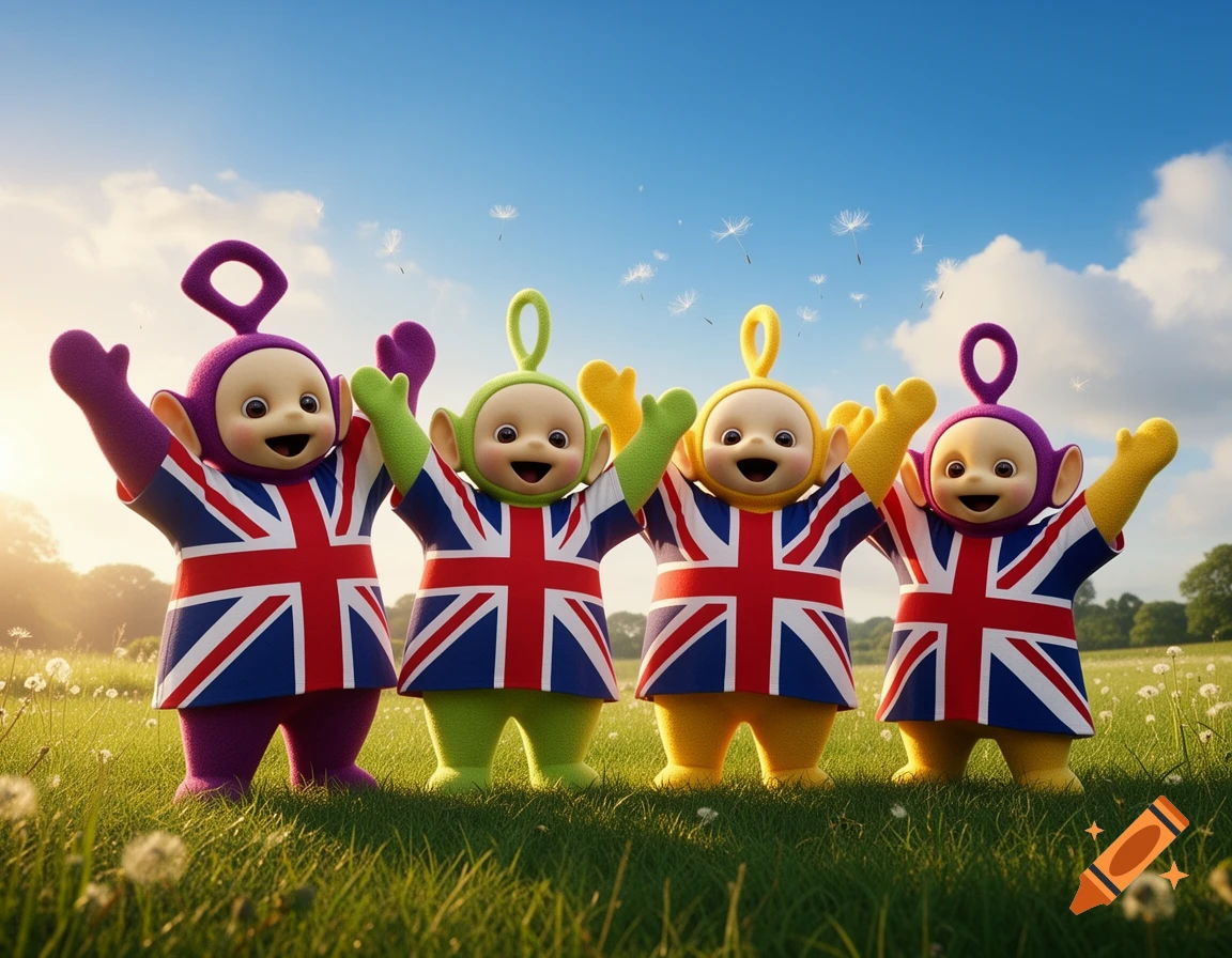 Four colorful Teletubbies, wearing Union Jack t-shirts, cheer and wave in a sunny grassy field with dandelions.
