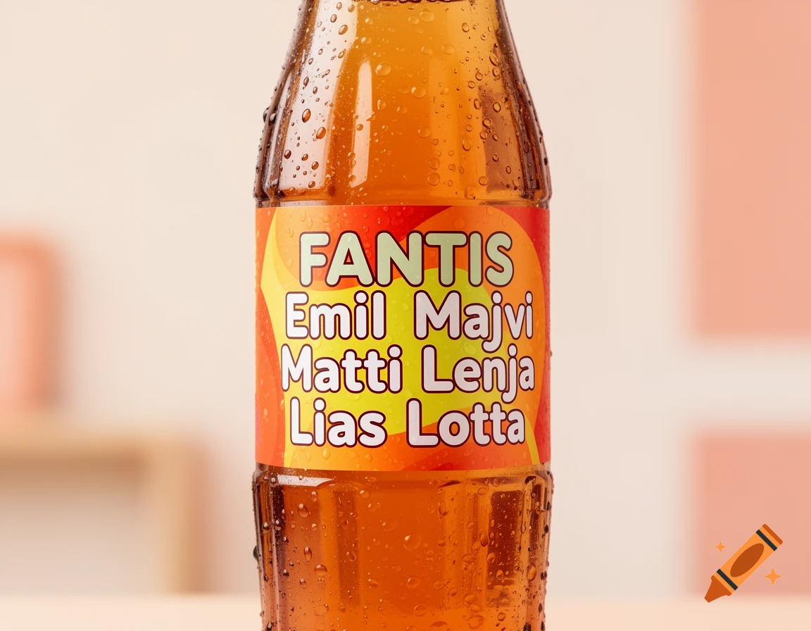 Close-up, photorealistic shot of a sweating amber soda bottle with a red and yellow label listing names.
