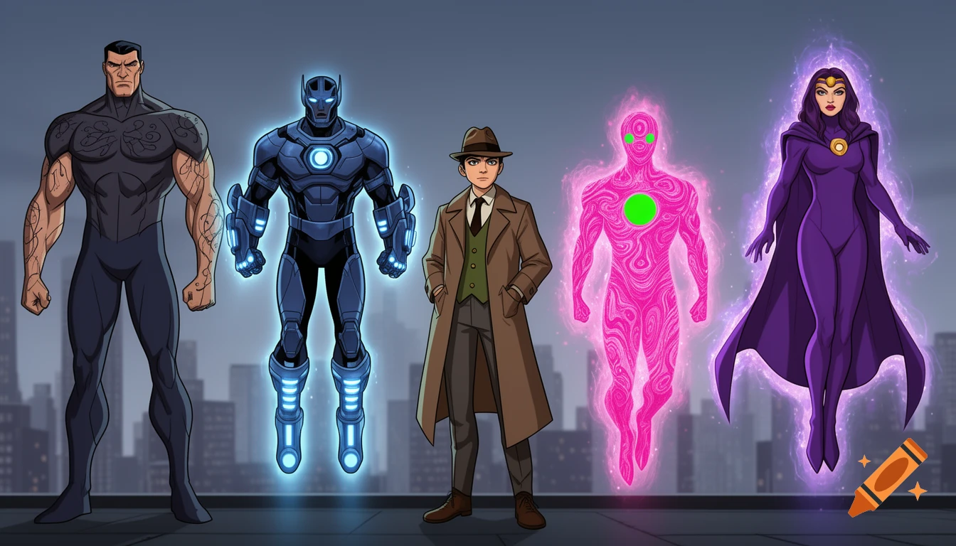 A lineup of five superheroes: a muscular man, a blue armored figure, a detective, a glowing pink abstract figure, and a levitating purple superheroine.