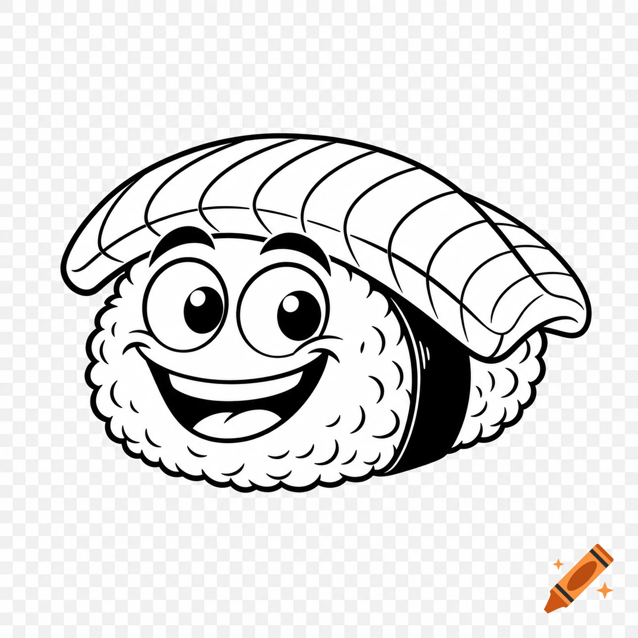 Black and white cartoon sushi logo with a happy smiling face and a fish topping on a transparent background.