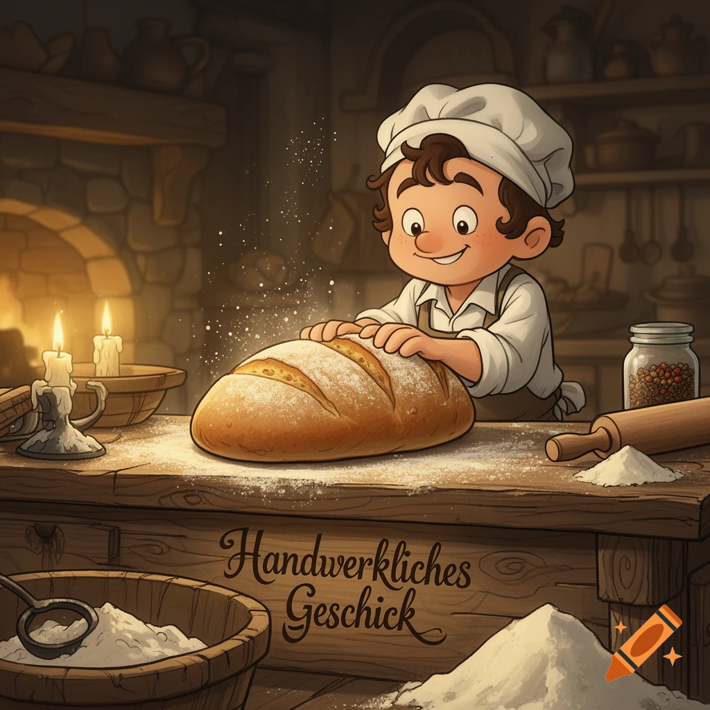A happy cartoon boy in a chef's hat bakes bread on a flour-dusted wooden table in a rustic kitchen.