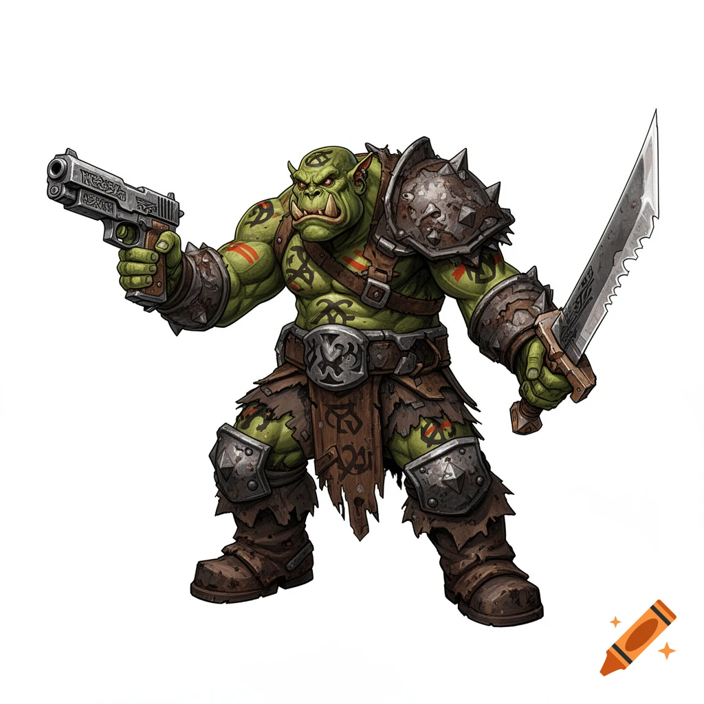 Green orc sprite wearing armor, holding a pistol and a sword, depicted in orthographic projection on a white background.