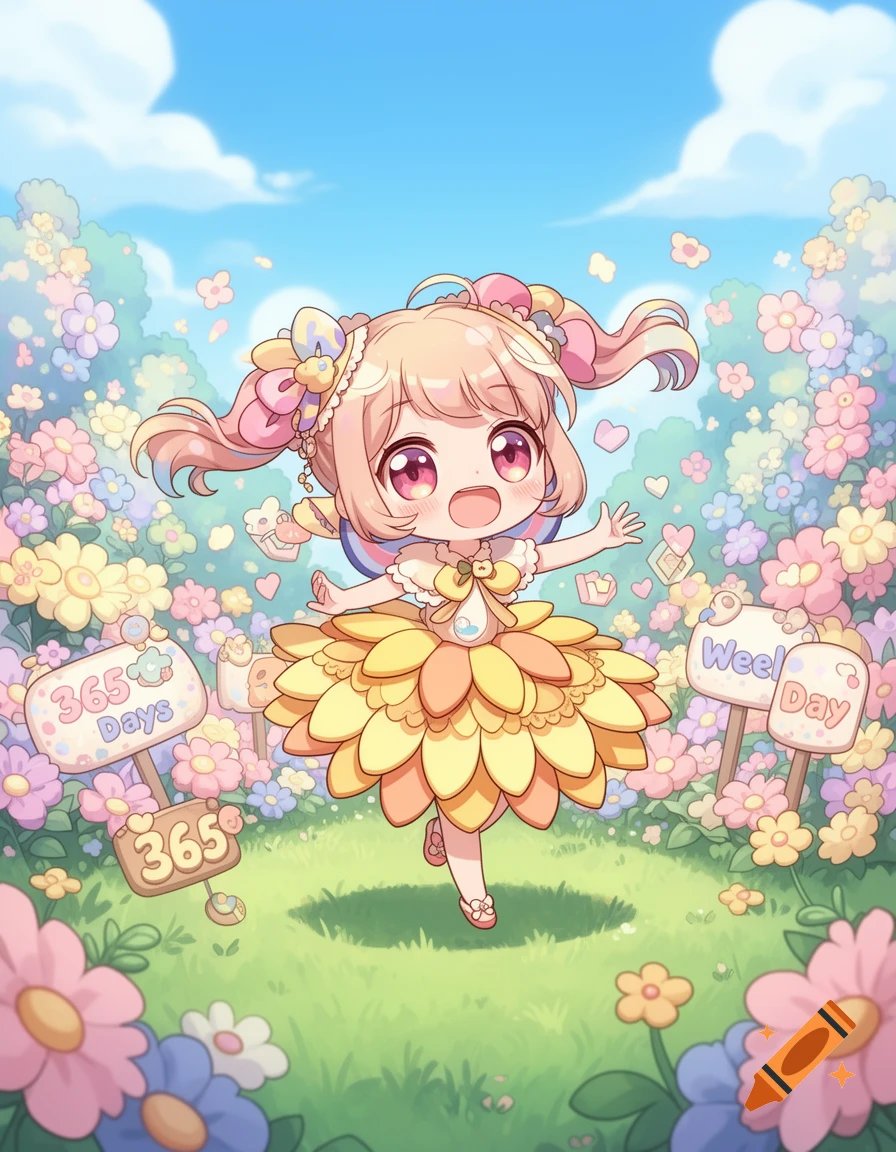 A joyful anime girl in a yellow flower dress stands in a colorful flower field under a blue sky, with signs visible.