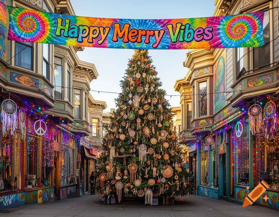 A colorful street decorated for Christmas with a large tree, peace signs, dreamcatchers, and a banner reading 'Happy Merry Vibes' between bohemian buildings.