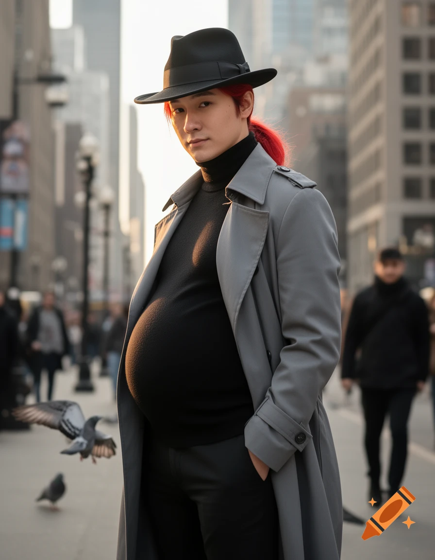 A red-haired man in a fedora and trench coat with a pregnant belly stands on a city street with pigeons. Photorealistic.