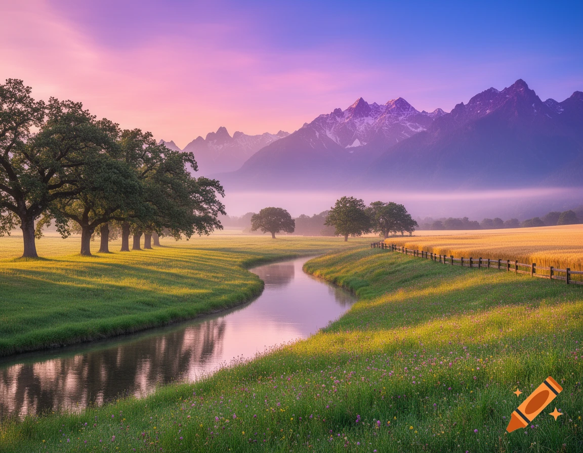 A picturesque river winds through a vibrant green field with trees, a golden crop field, and majestic snow-capped mountains under a colorful sky.