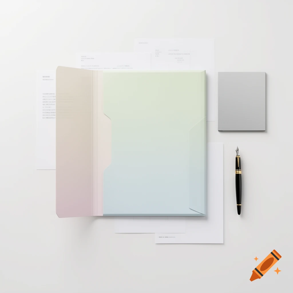 A minimalist flat lay of an open pastel folder, documents, a gray notepad, and a black and gold fountain pen on a white background.