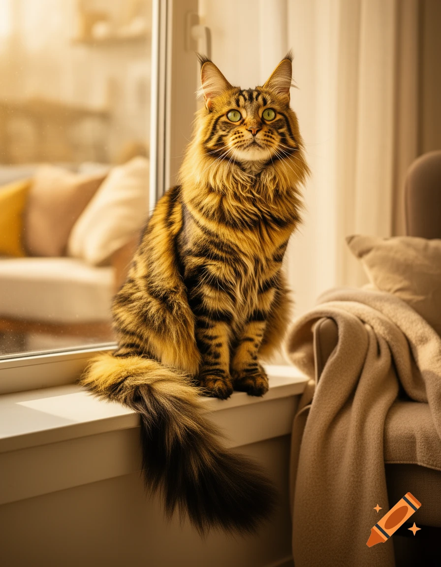 A photorealistic Maine Coon cat with golden yellow and black striped fur sits on a sunlit windowsill.