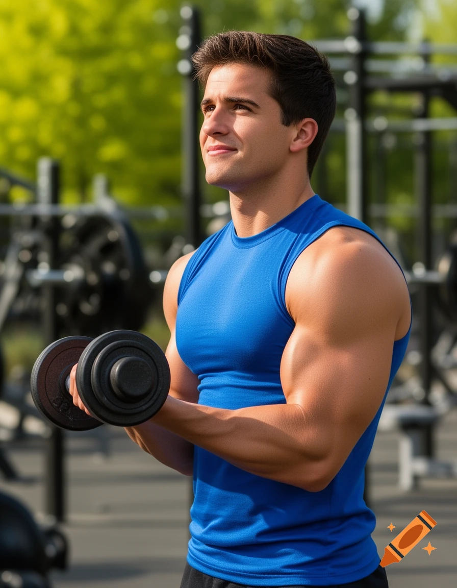 A man with dark hair, wearing a blue tank top, smiles while curling a dumbbell at an outdoor gym.