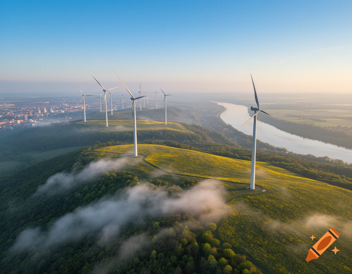 Aerial view of wind turbines on mist-shrouded green hills with yellow flowers, overlooking a river and city skyline at dawn.