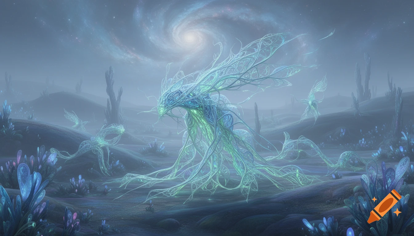 Ethereal, glowing, neuron-like creatures in a misty, alien landscape under a swirling galaxy.