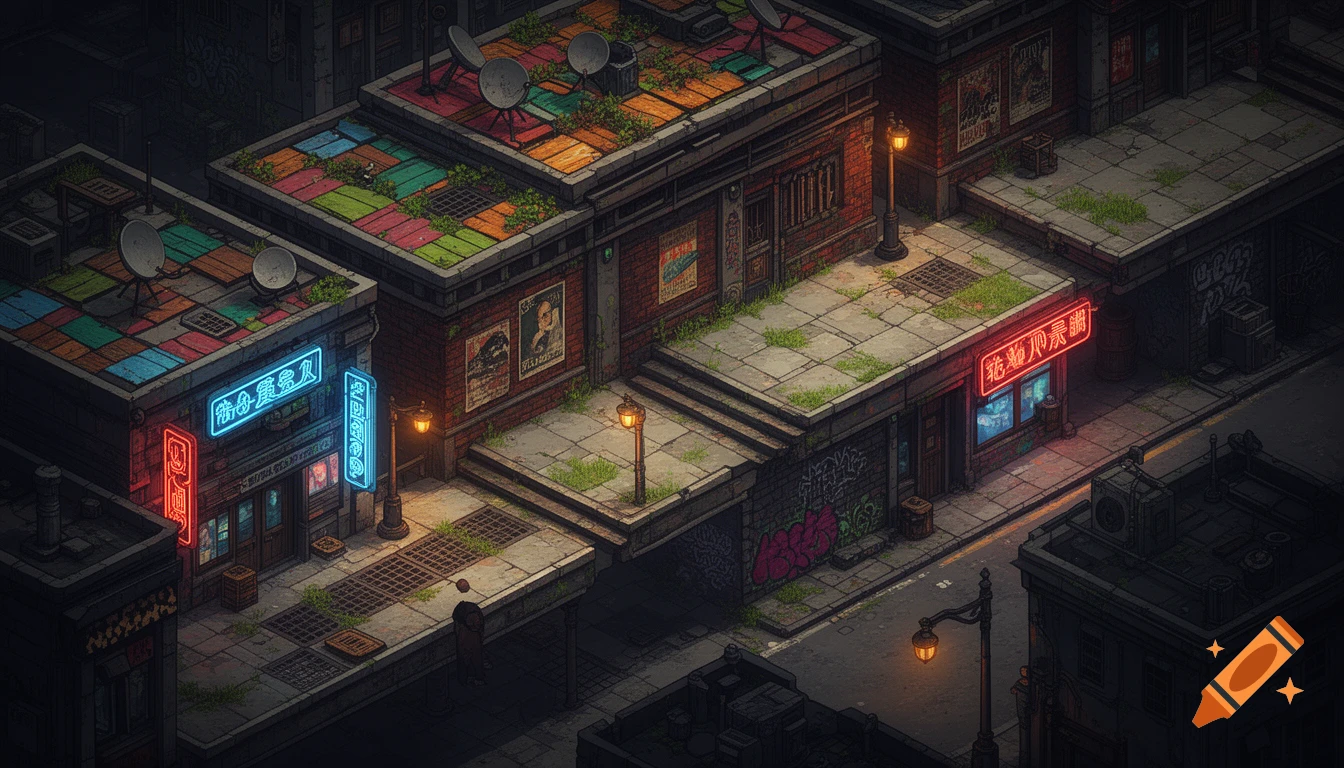 An isometric 2D tilemap of a stylized city street with brick buildings, neon signs, streetlights, satellite dishes, and graffiti.