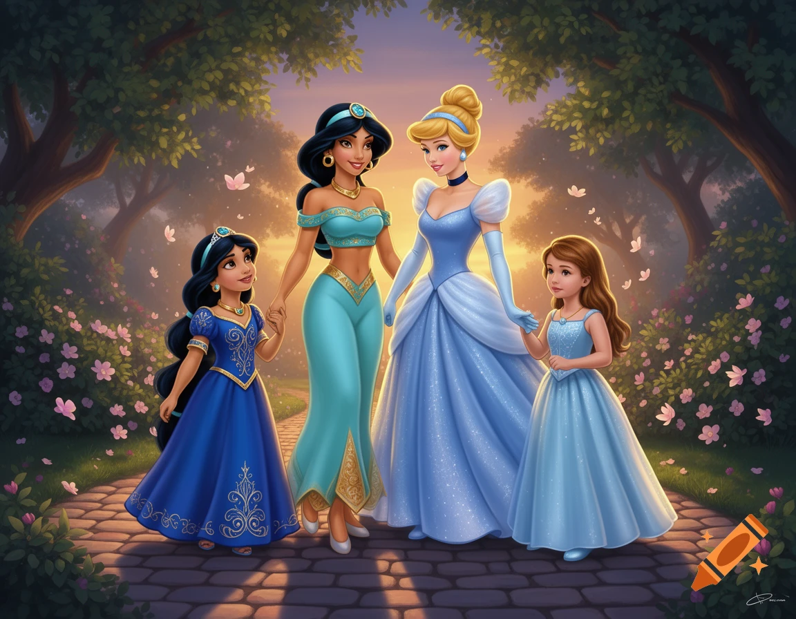 Princess Jasmine and Cinderella walk hand-in-hand with two young girls on a garden path at sunset in an animated style.