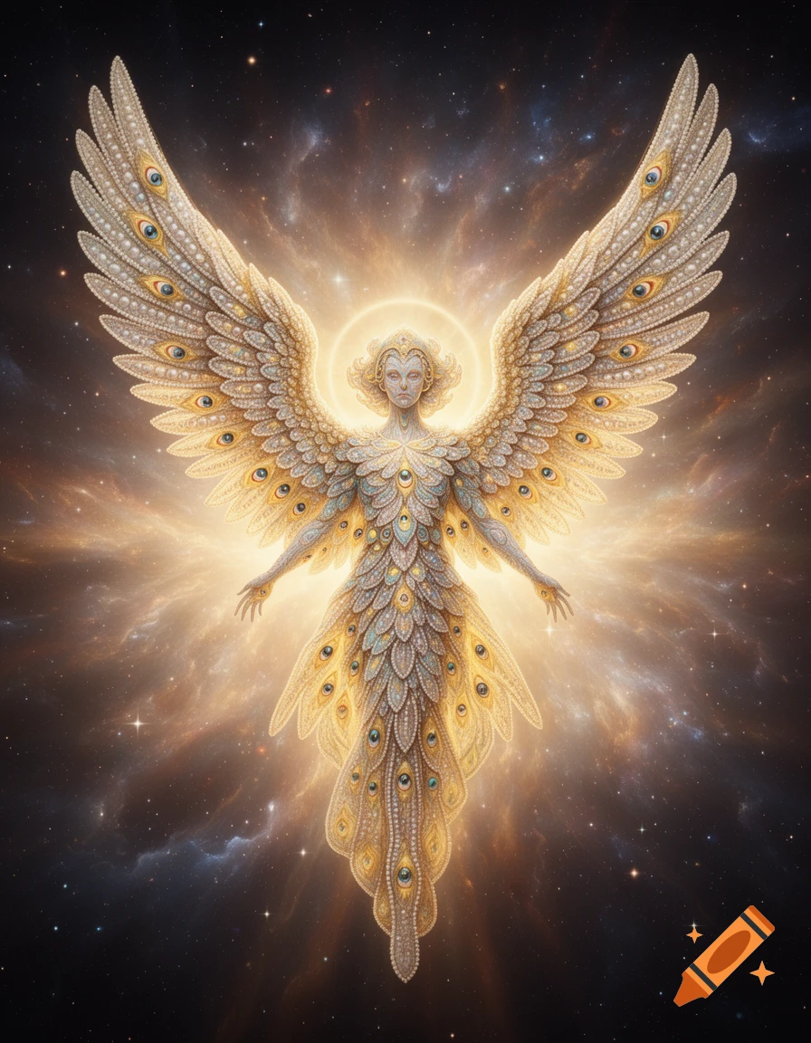 A radiant, multi-eyed, golden-winged angel with a halo stands against a swirling starry nebula background, detailed with intricate patterns.