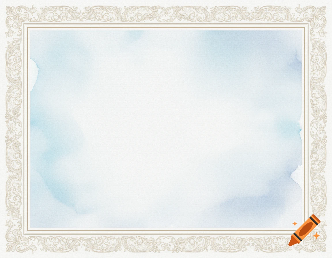 An ornate beige decorative frame with delicate scrollwork surrounding a center panel with soft blue and white watercolor splashes.