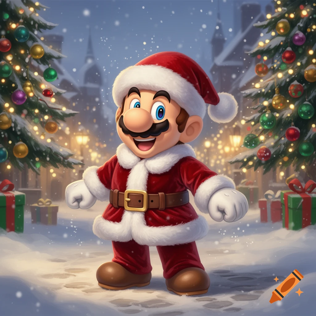 Mario dressed as Santa Claus stands smiling in a snowy village scene with decorated Christmas trees and glowing lights.